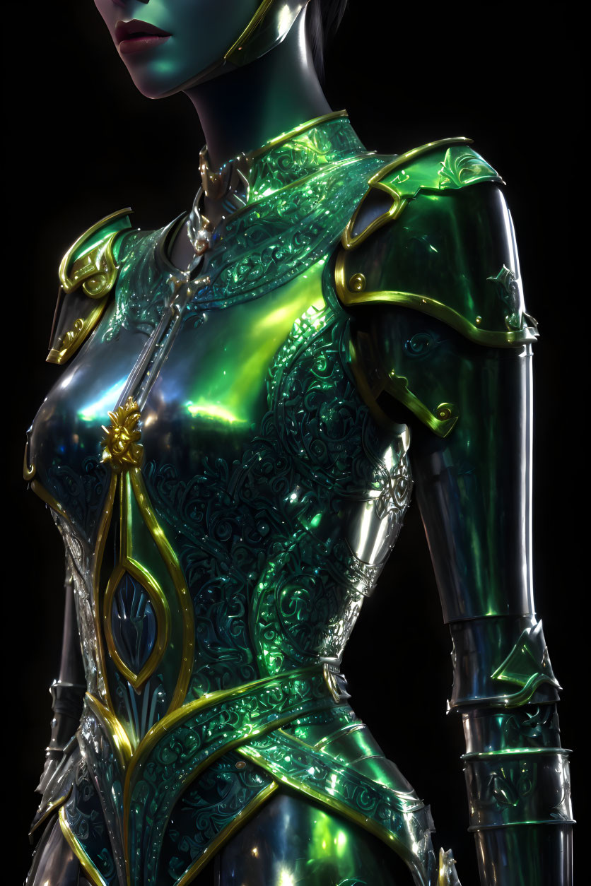 Detailed close-up of figure in glowing fantasy armor on dark background