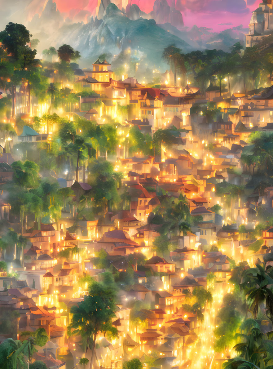 Mystical village at dawn: golden houses, lush greenery, hilltop castle