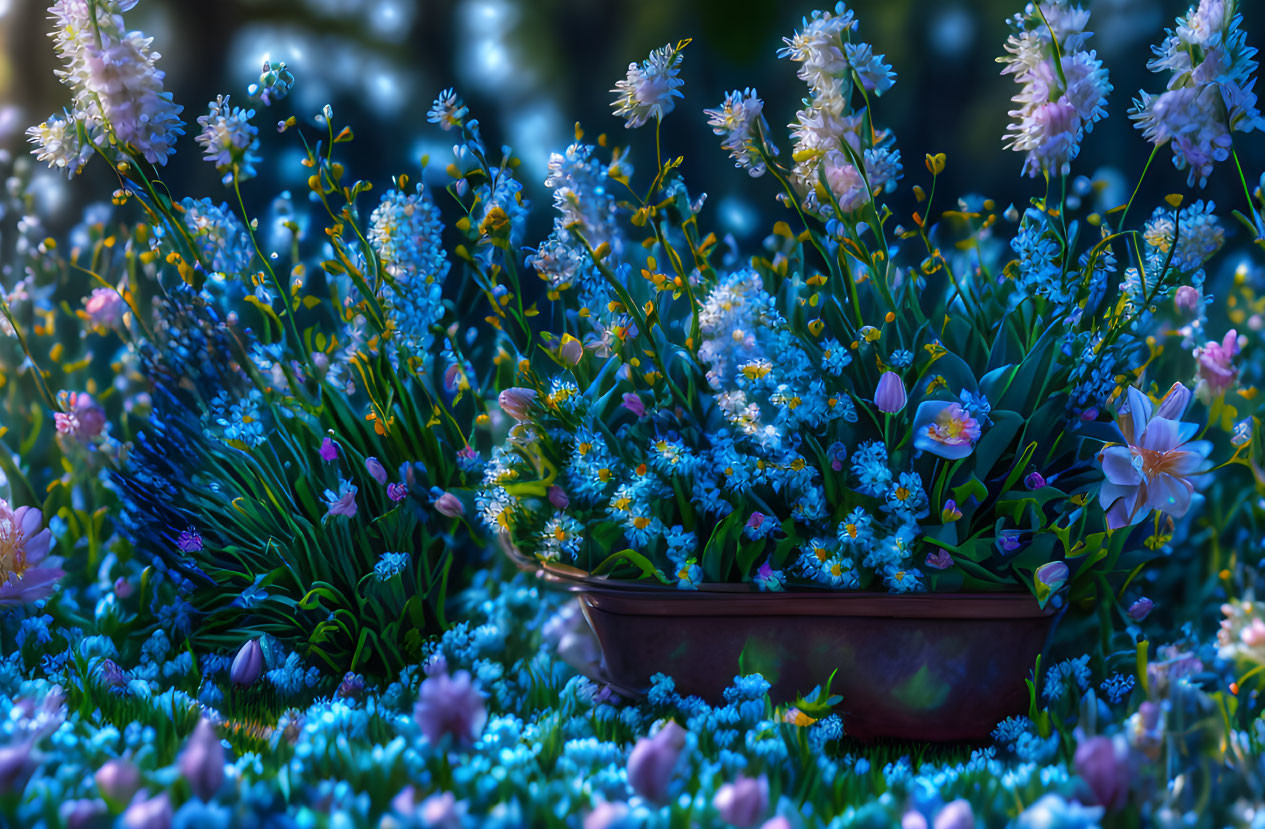 Colorful flower-filled container in blue and pink meadow at twilight