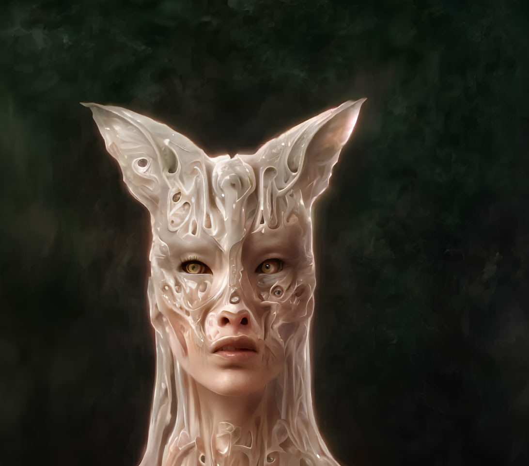 Intricate Cat-Like Mask Portrait on Dark Background