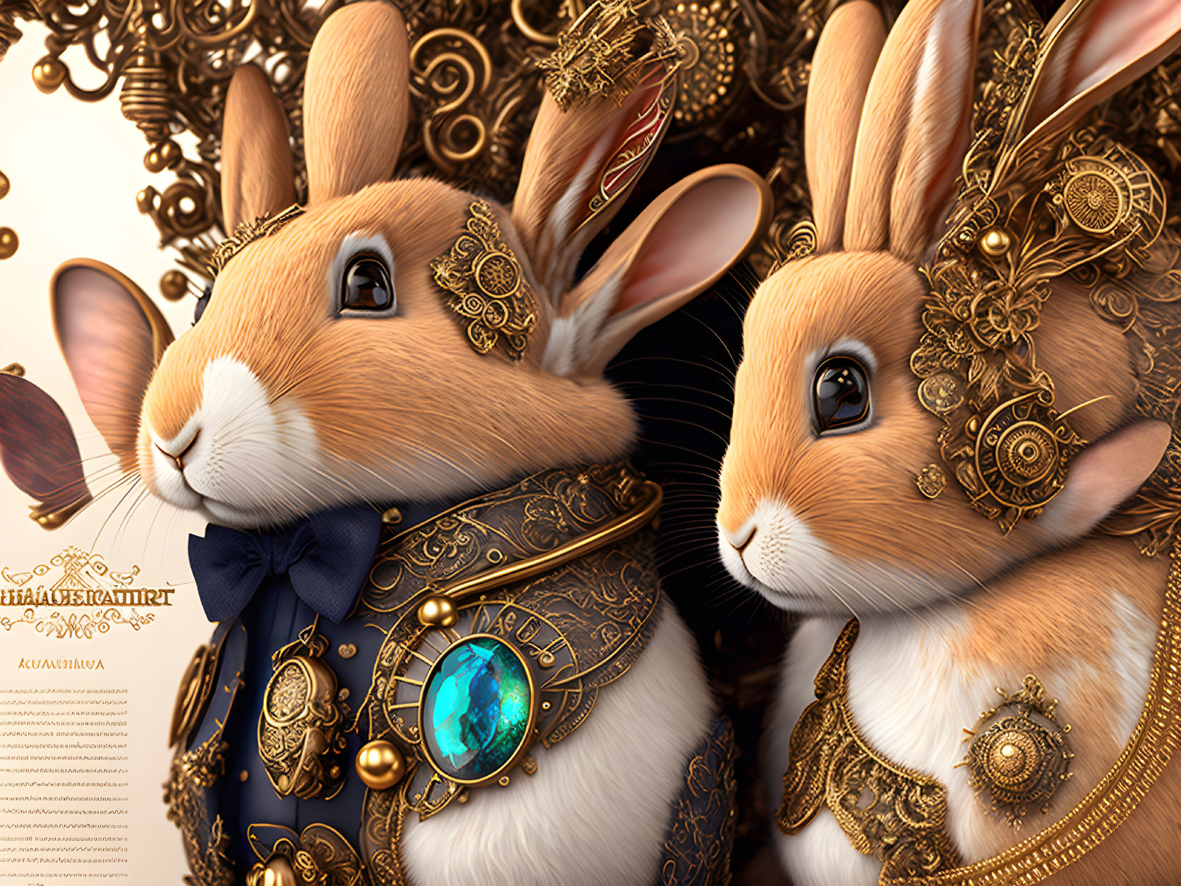 Steampunk-styled rabbits with golden gears and ornate clothing.