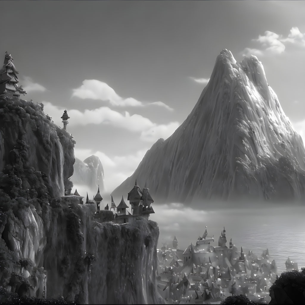 Monochrome fantasy landscape with sharp mountains and cliff-side village.