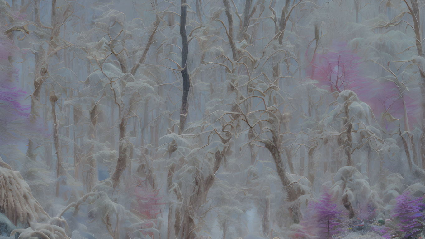 Snow-covered trees in mystical winter forest with purple and pink hues