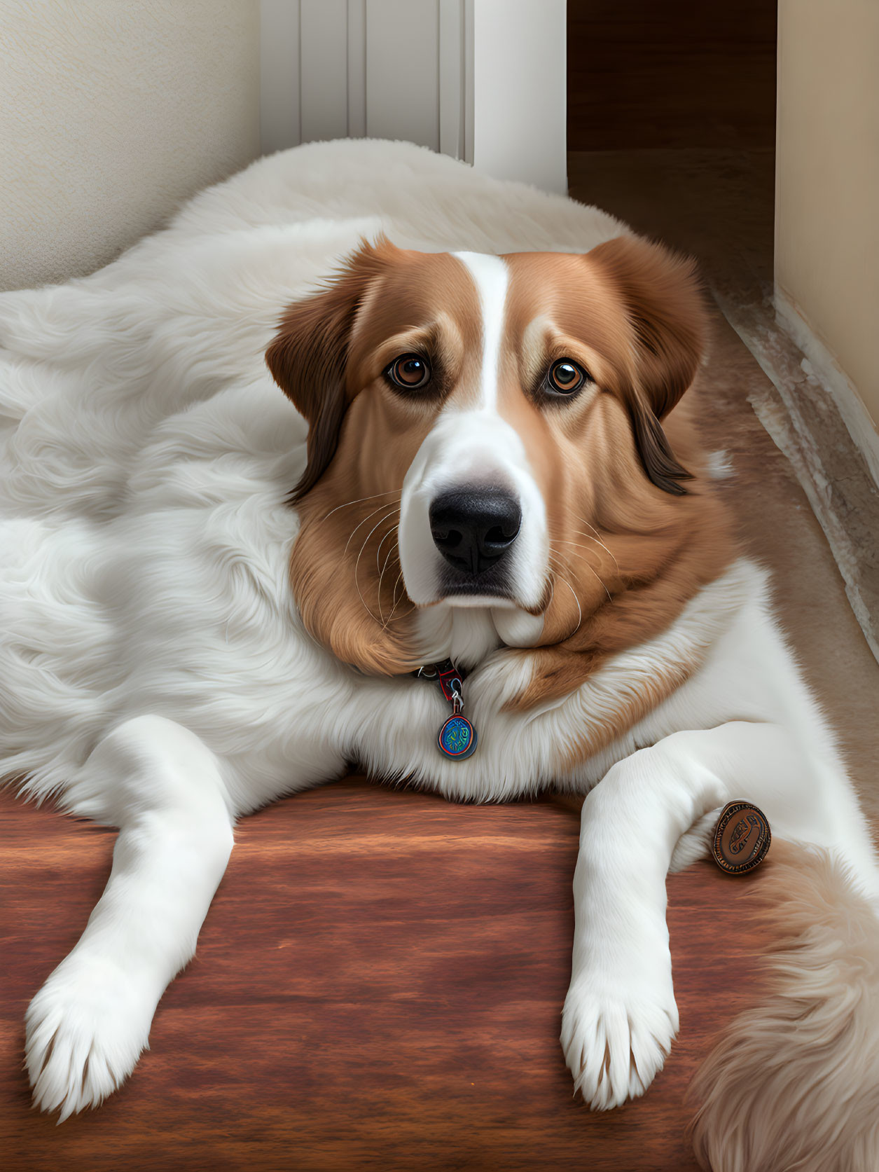 Brown and White Dog with Soulful Eyes at Doorway with Collar Tag and Object