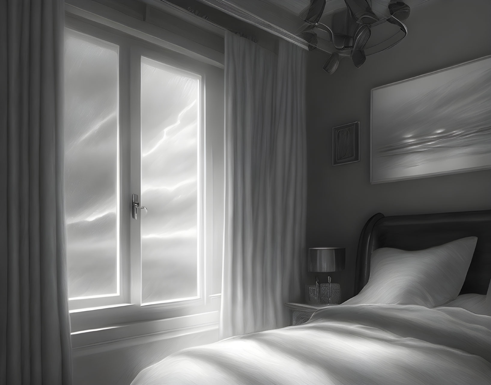 Sunlit monochrome bedroom interior with closed window, bed, curtains, bedside table, and painting.