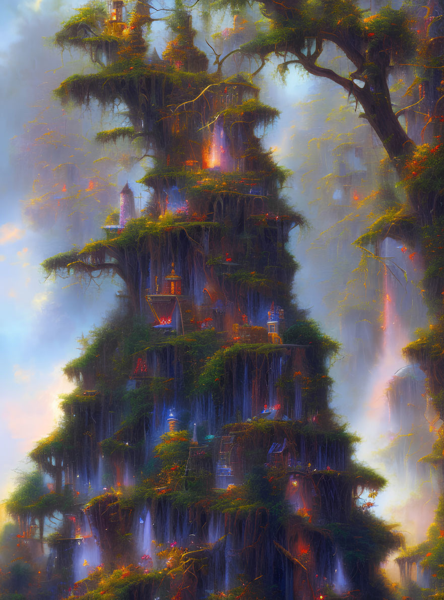 Mystical fantasy tree with waterfalls, glowing lights, and ancient treehouses in misty forest