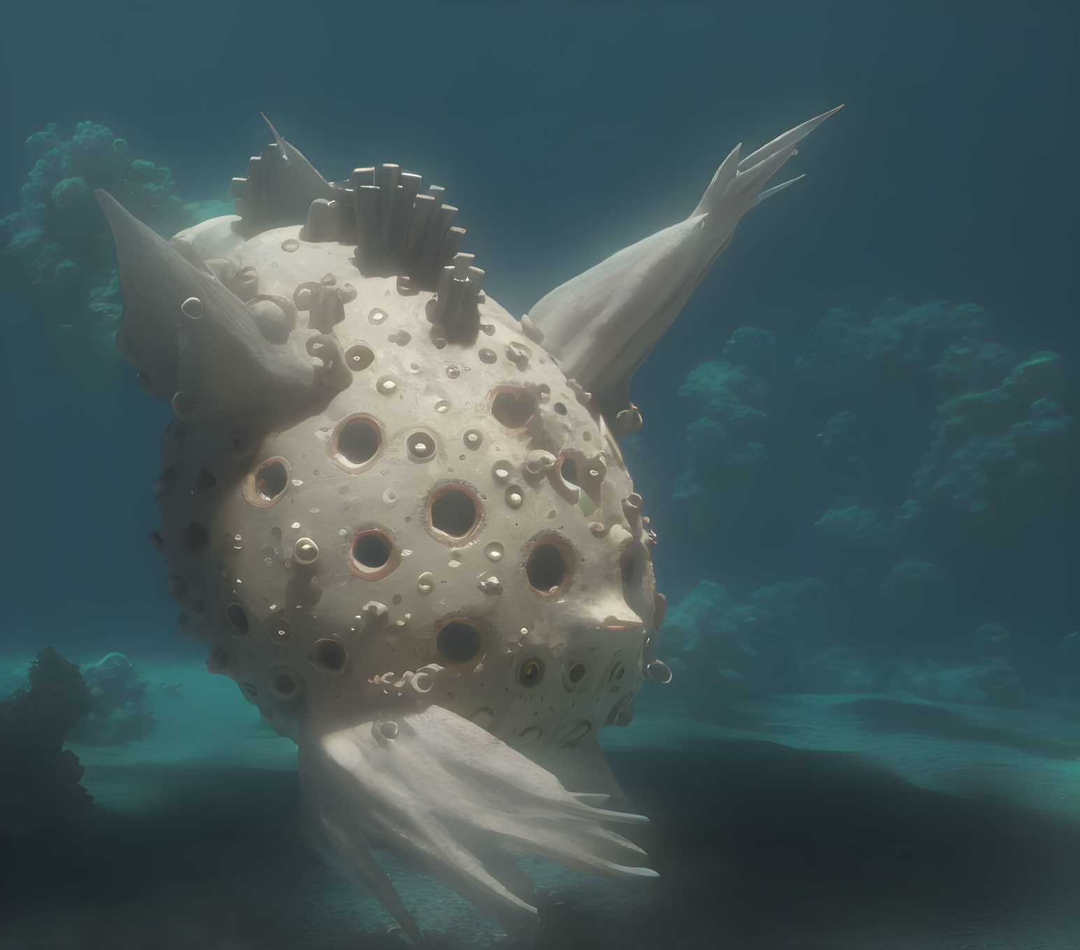 Large White Pufferfish-Like Creature in Underwater Landscape