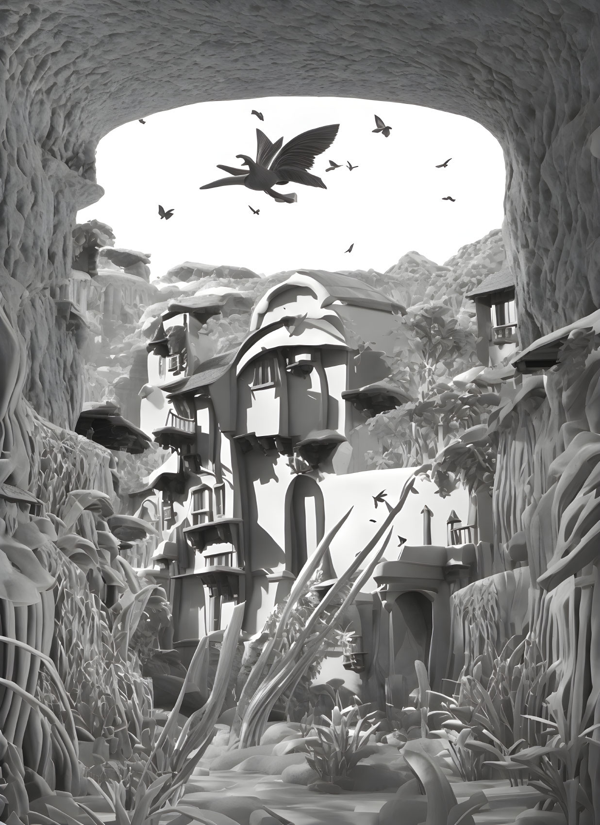 Grayscale fantasy landscape with birdhouses, birds, cave, and lush vegetation