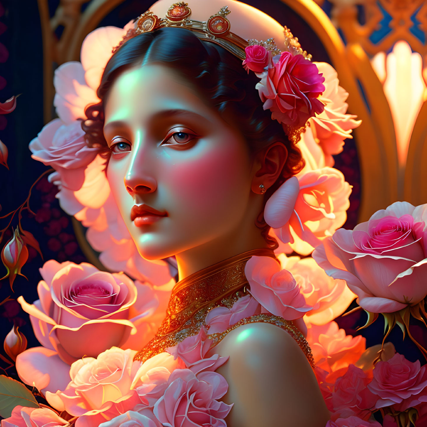 Digital portrait of woman with floral crown and roses in warm lighting