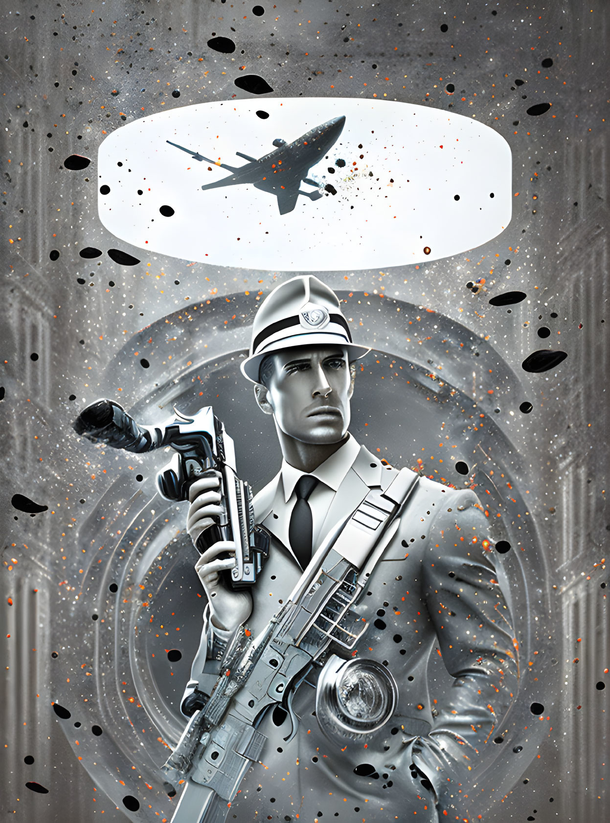 Silver-toned futuristic male figure in stylish uniform with cap and advanced rifle, accompanied by plane silhouette and