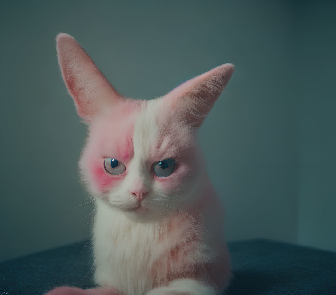 White Cat with Pink Hues, Large Ears, and Blue Eyes on Grey Background