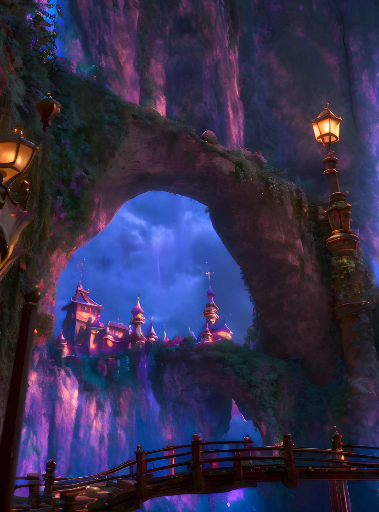 Fantasy twilight landscape with lantern-lit bridge, archway, castle, and purple-lit rocks