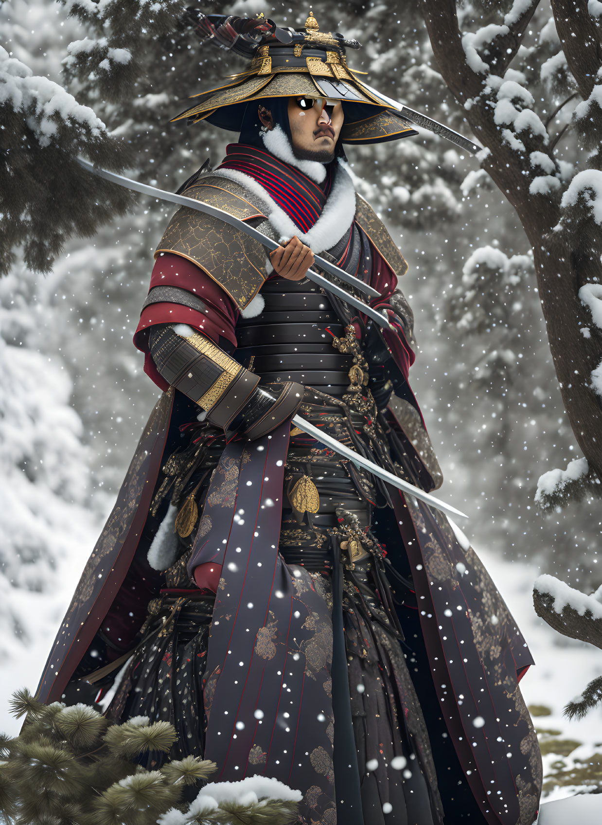 Traditional Japanese samurai in armor with sword in falling snow