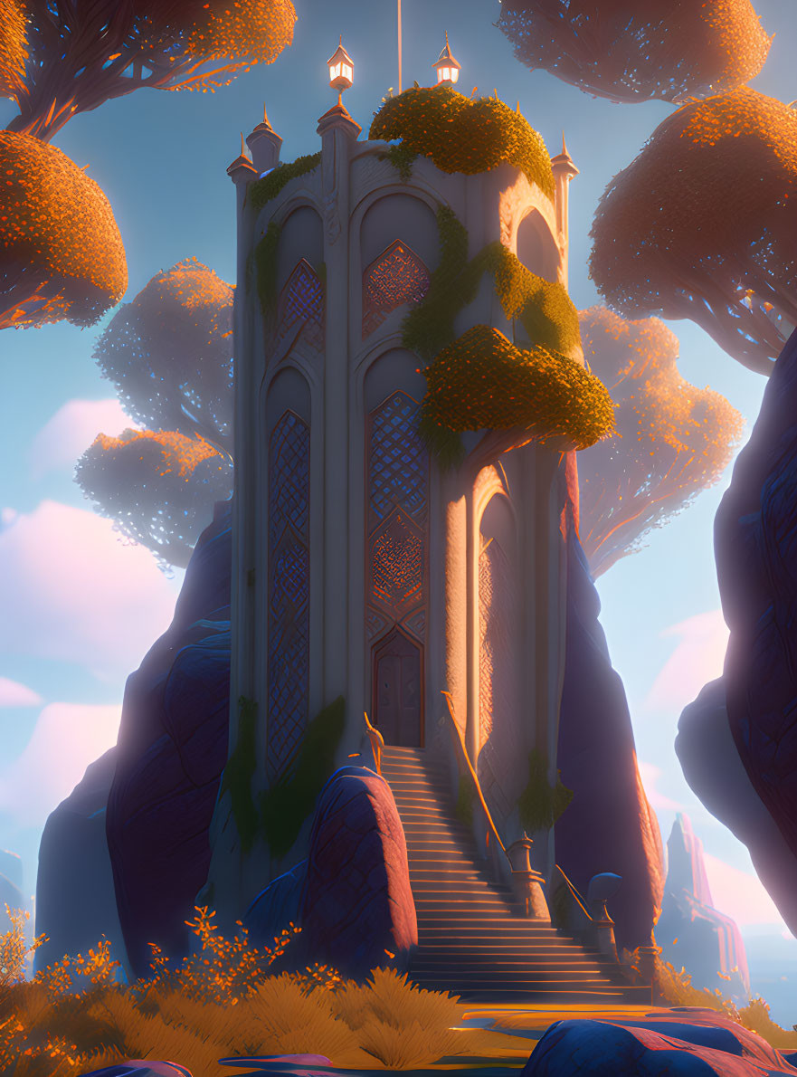 Mystical tower with arched windows on verdant cliff in warm sunlight