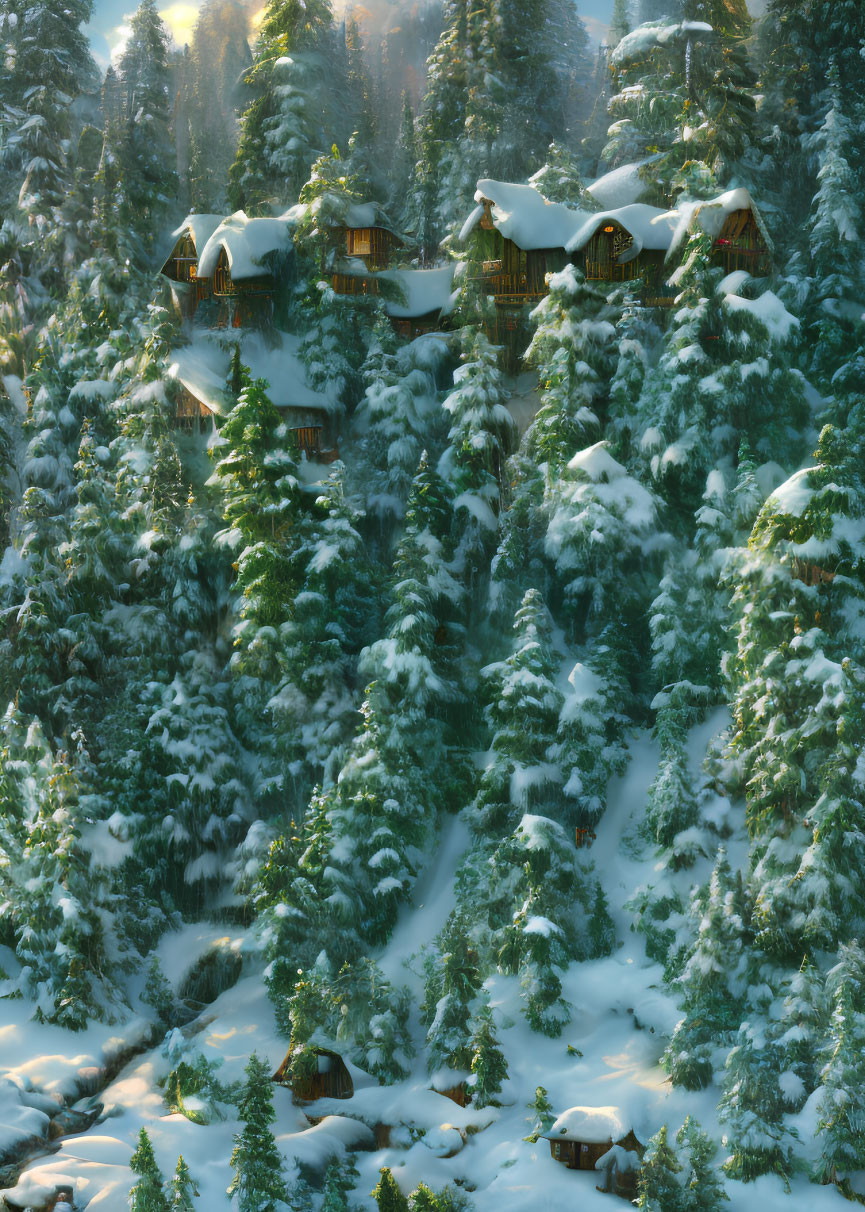 Winter cabins surrounded by pine trees on snowy hillside with sunlight filtering through forest