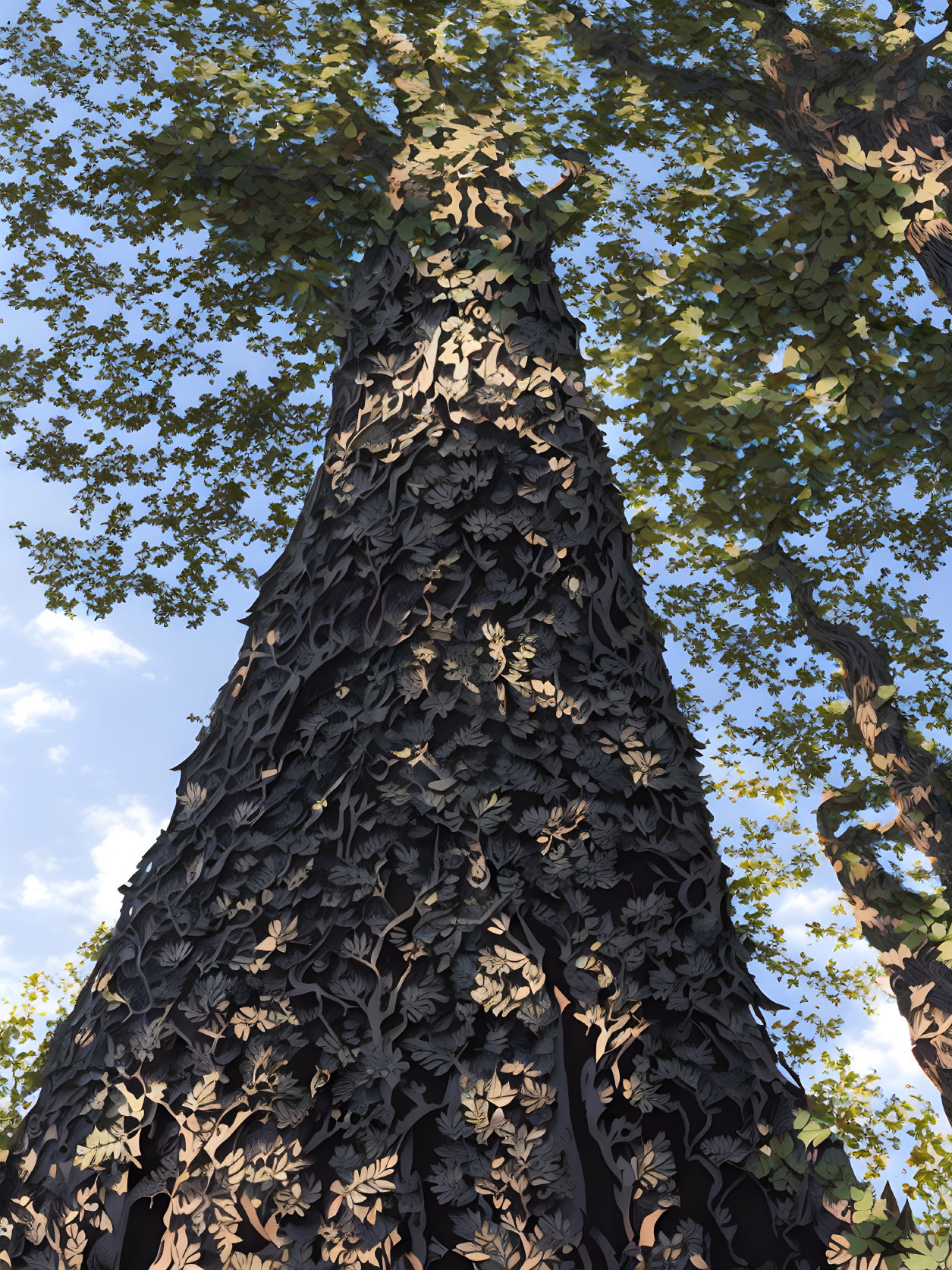 Majestic tree with thick trunk and lush green leaves against clear blue sky