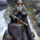 White-bearded wizard with staff in enchanted forest with waterfalls.