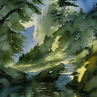 Tranquil forest scene with sunlit oversized leaves near a serene stream