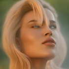 Blonde-haired female character in digital art against green foliage