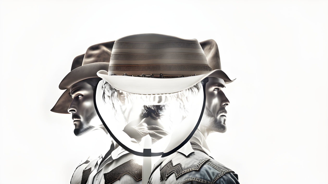 Translucent Masculine Profiles Surround Opaque Face with Hat