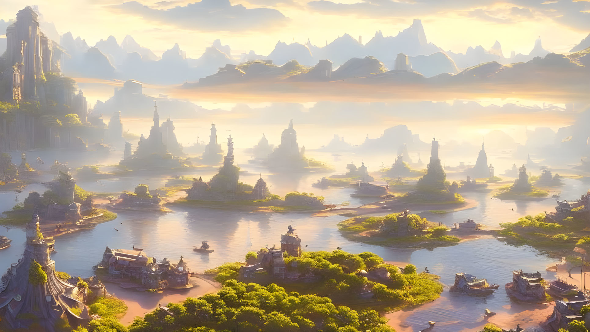 Mystical landscape with towering mountains and ancient temples