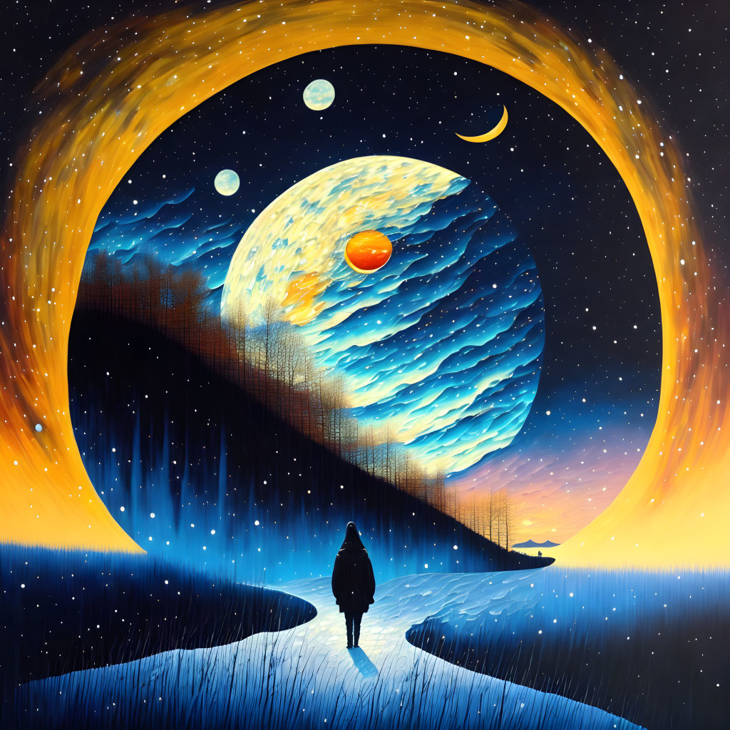 Person on Path Towards Cosmic Landscape with Moon, Planets, Stars, and Sunset Sky