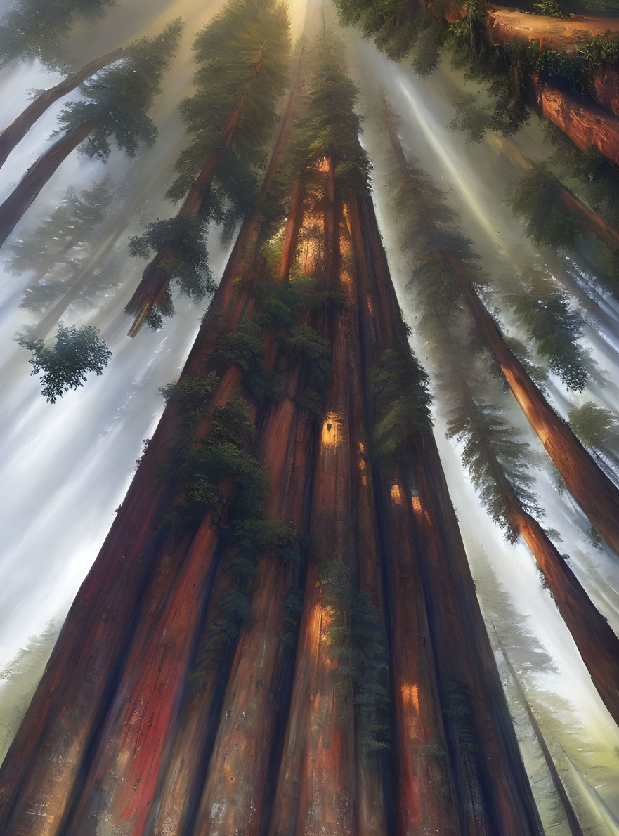 Majestic redwood trees in mist with sunlight and a small figure