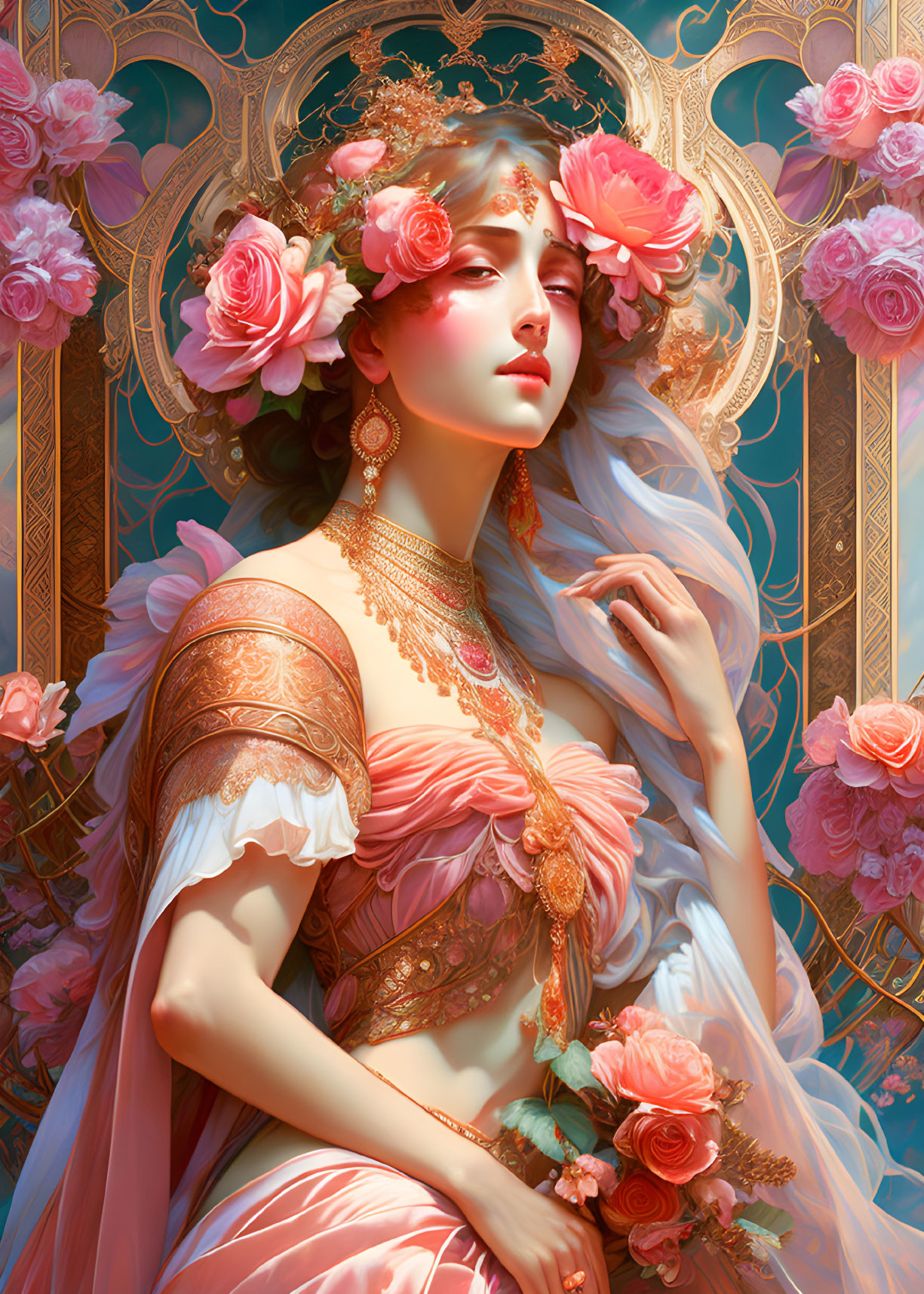 Stylized portrait of woman with ornate halo, roses, peach gown, gold jewelry