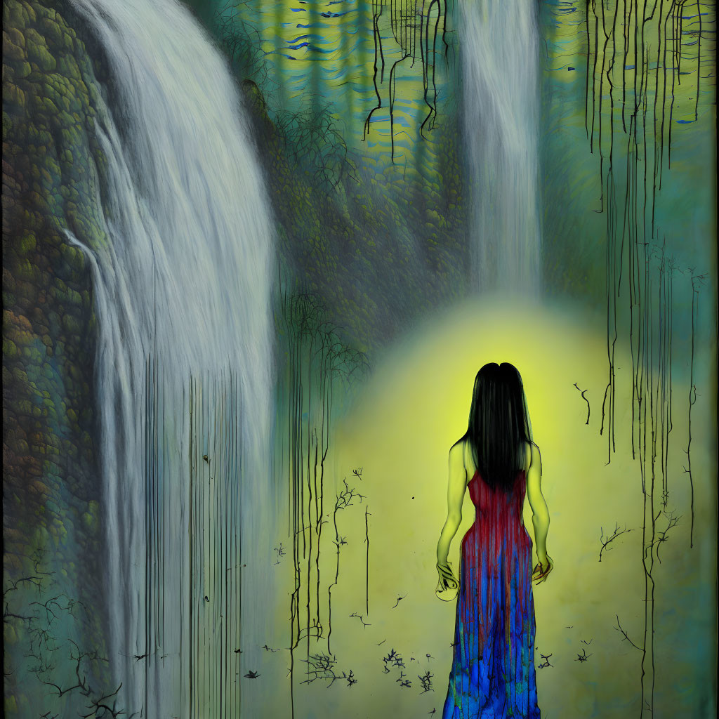 Person in red and blue dress by mystical waterfall surrounded by greenery