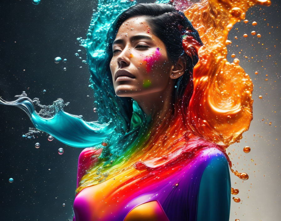 Colorful Woman with Swirling Water Droplets