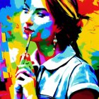 Colorful digital painting of woman with splashes and drips, holding sparkling flower
