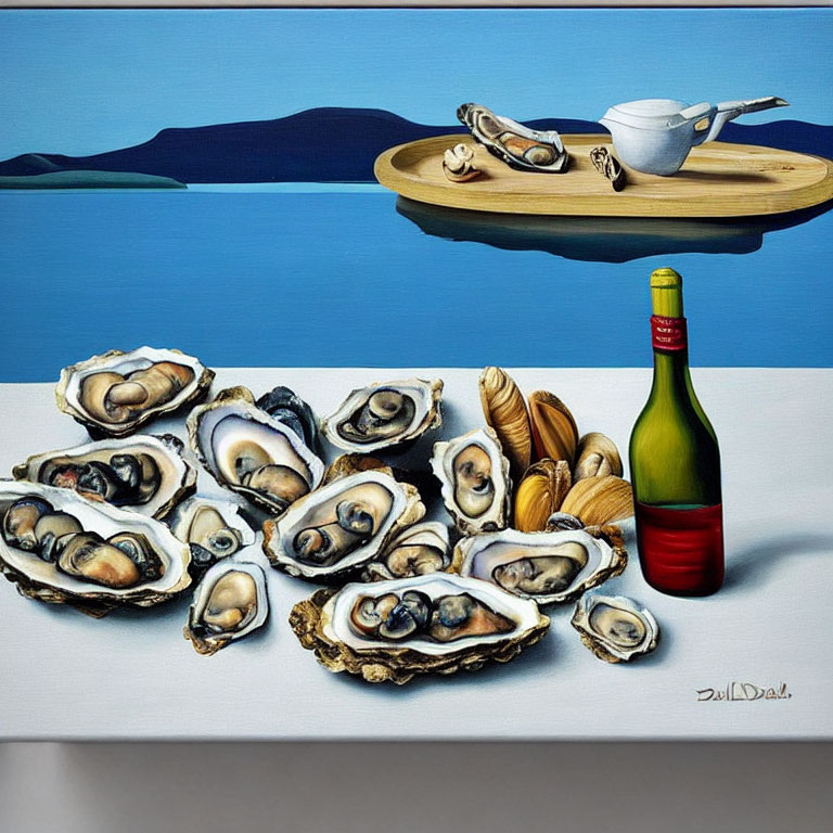 Still life painting: oysters, clams, lemon, wine bottle on table with sea landscape.