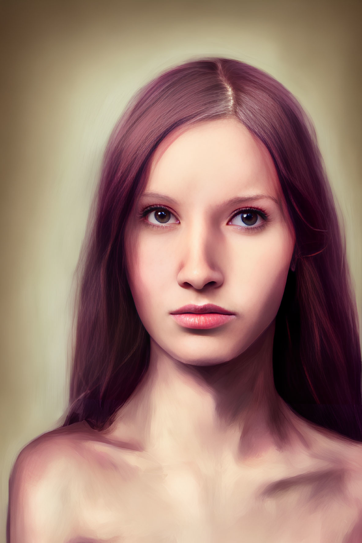 Digital portrait of young woman with long brown hair and intense blue eyes against gradated background