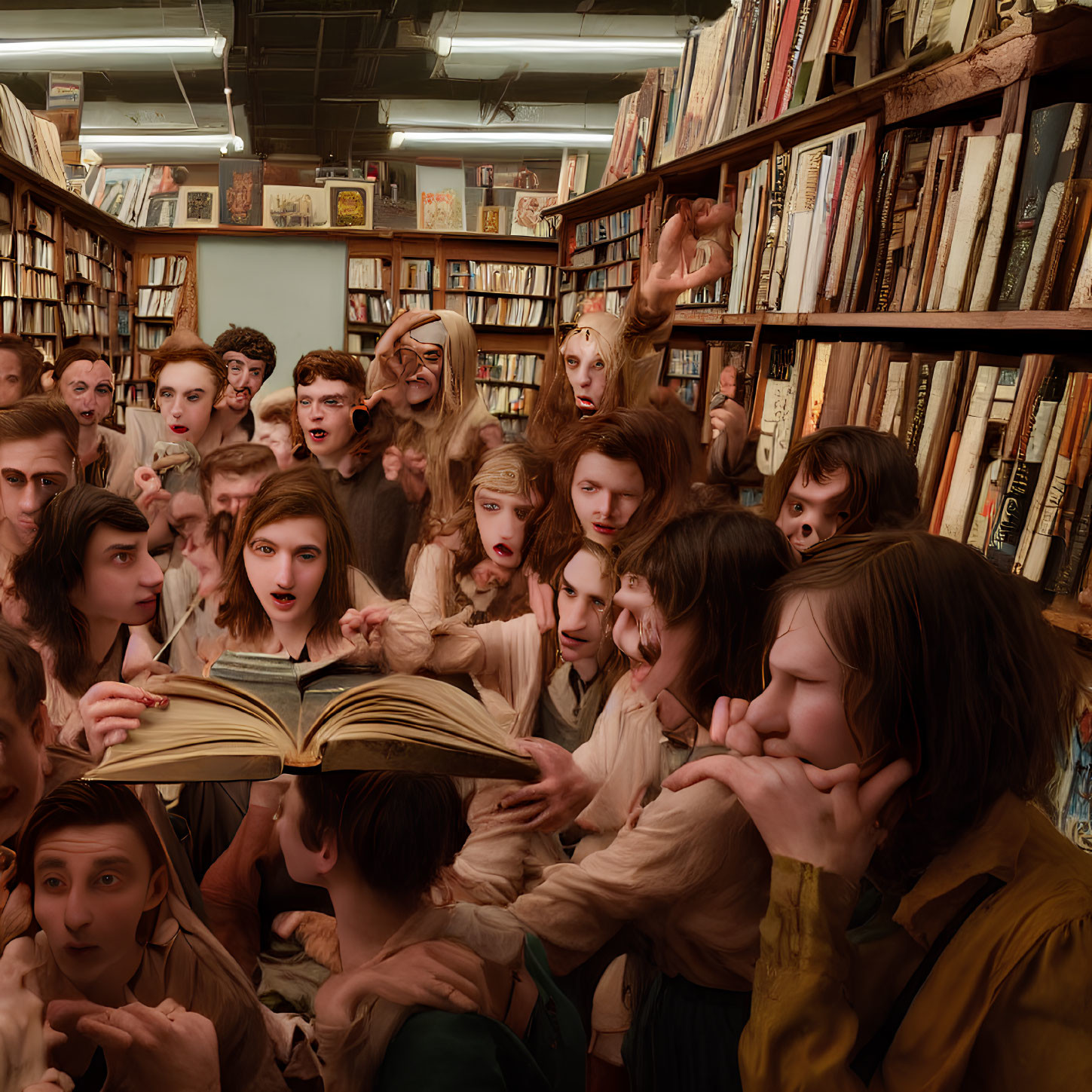 Diverse group in library captivated by open book