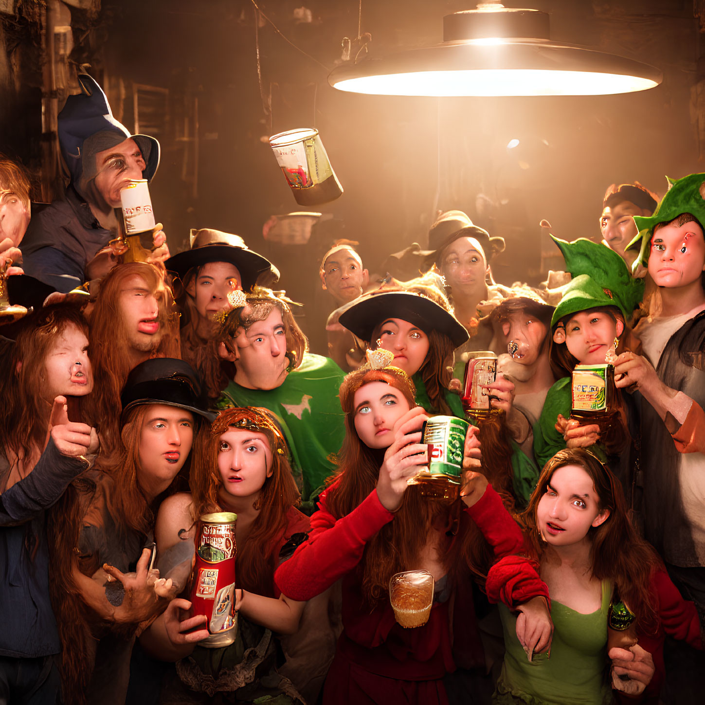 Colorful group in whimsical costumes enjoying drinks under warm light