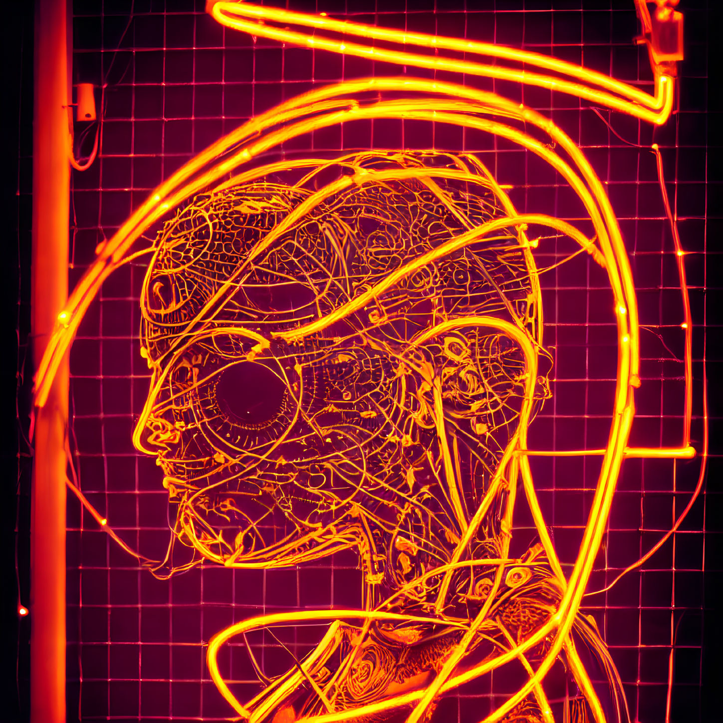 Neon sign with stylized humanoid face in profile and intricate patterns