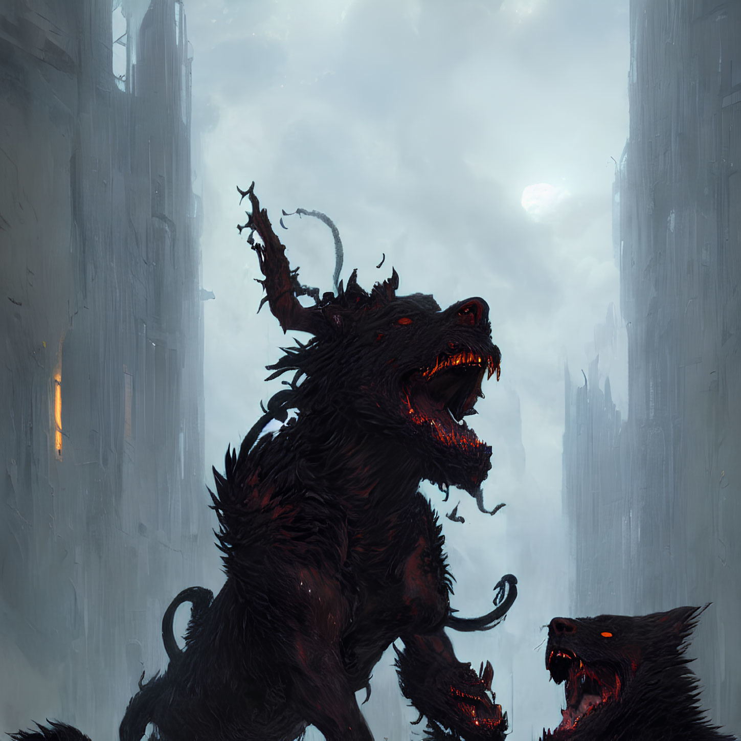 Black beast with glowing red eyes in gothic landscape