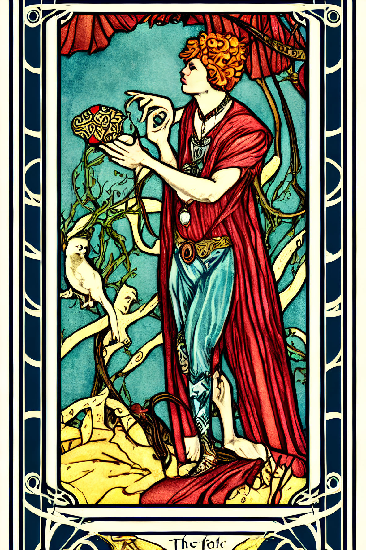 Illustration of person in red and blue robes with cup in Art Nouveau style