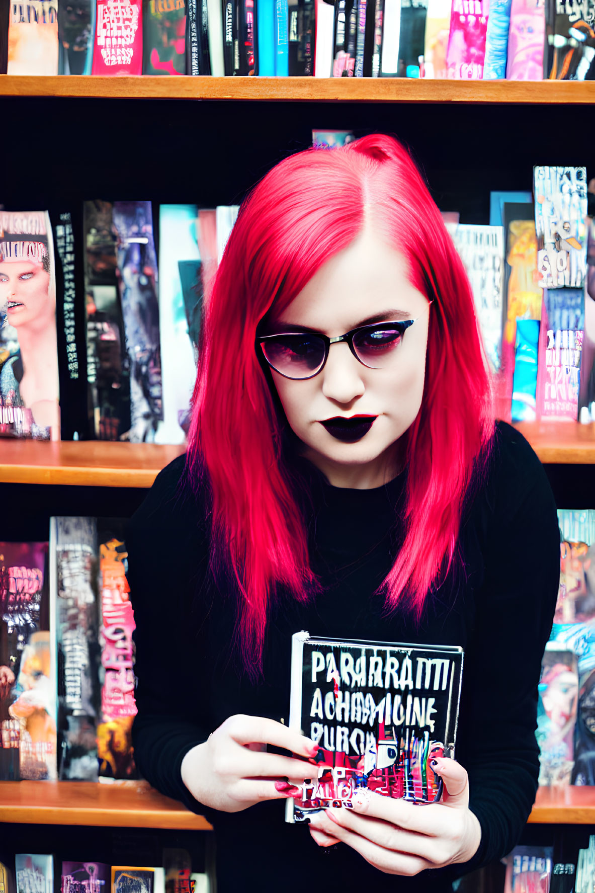 Vibrant red-haired person with sunglasses holding open book in front of bookshelf