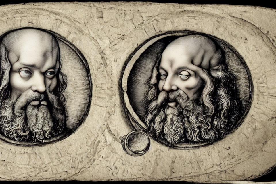 Vintage-style portraits of bearded man with exaggerated expressions in oval frames