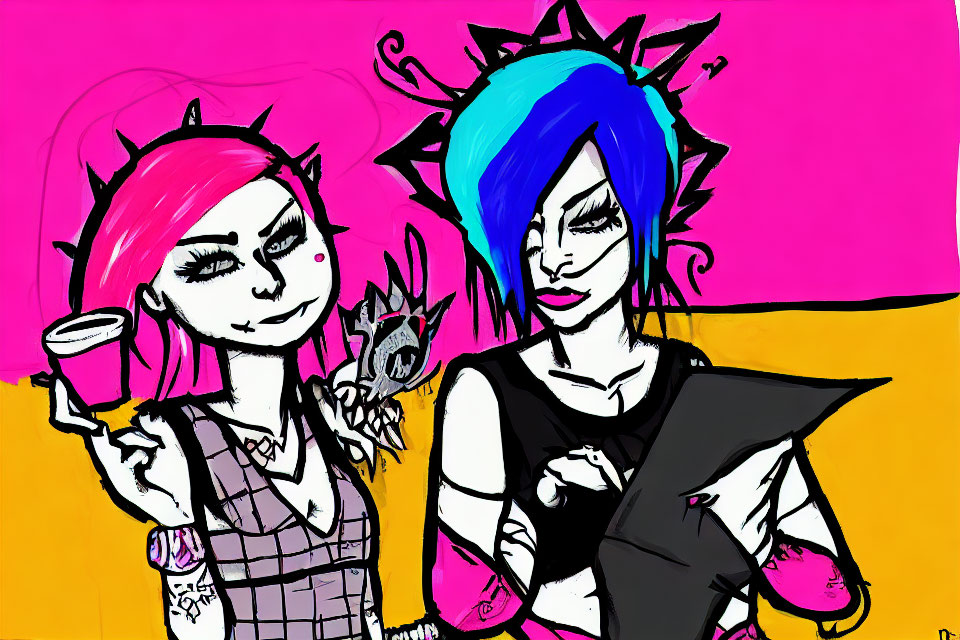 Stylized female characters with colorful punk hairstyles and coffee cup on vibrant background