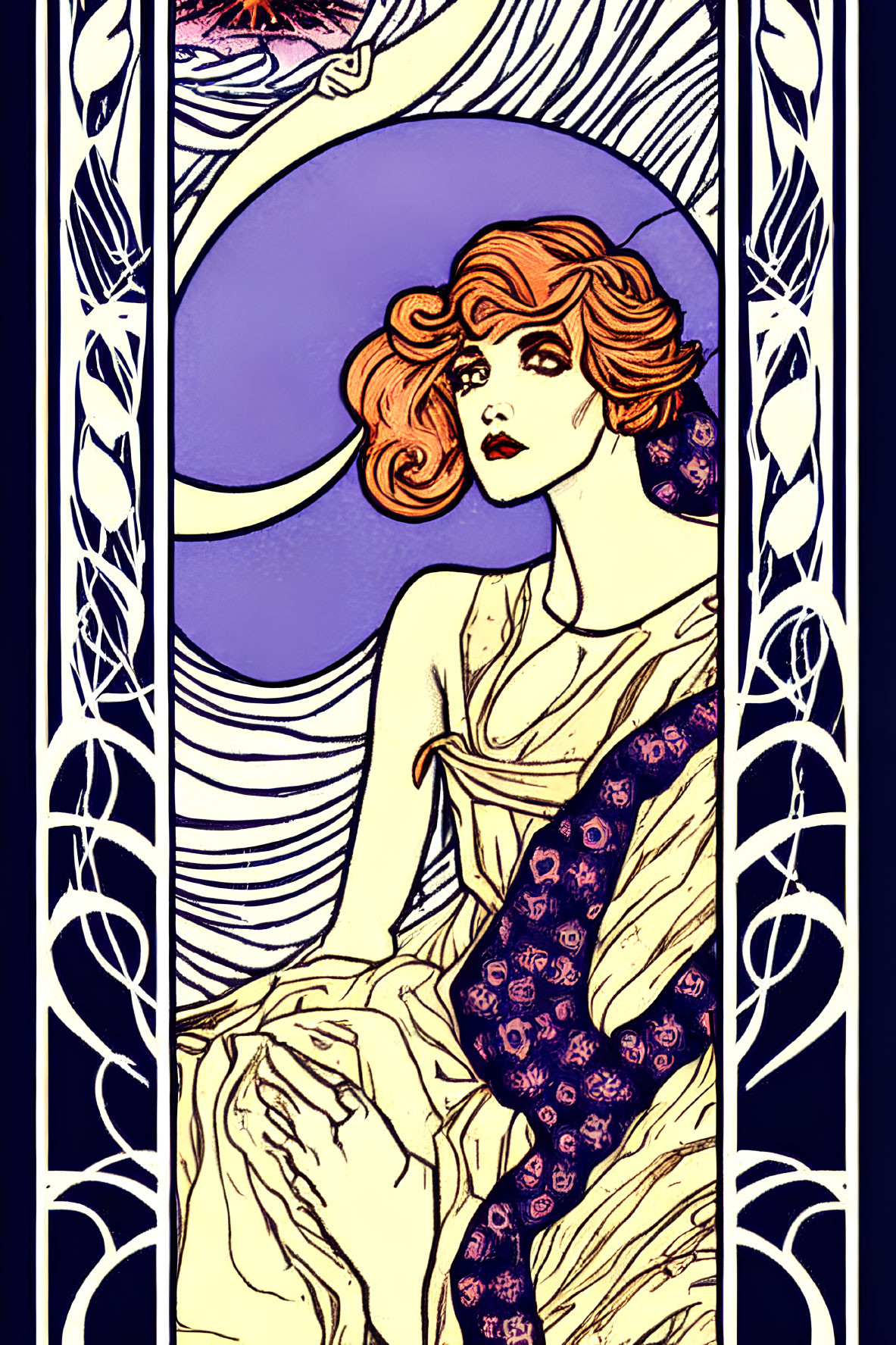 Art Nouveau Woman Illustration with Red Hair and Patterned Dress