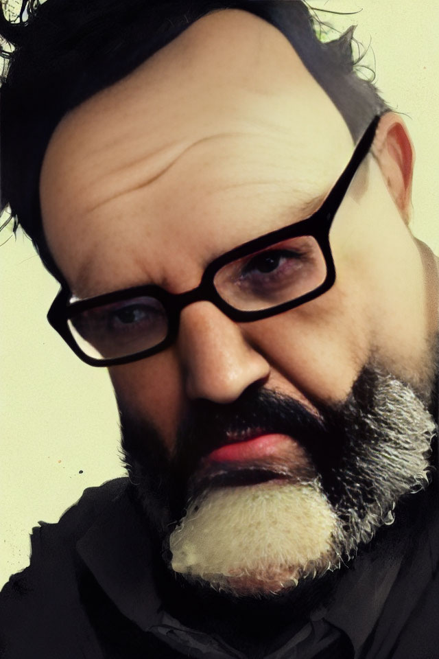 Serious man with thick-rimmed glasses, beard, and mustache portrait.