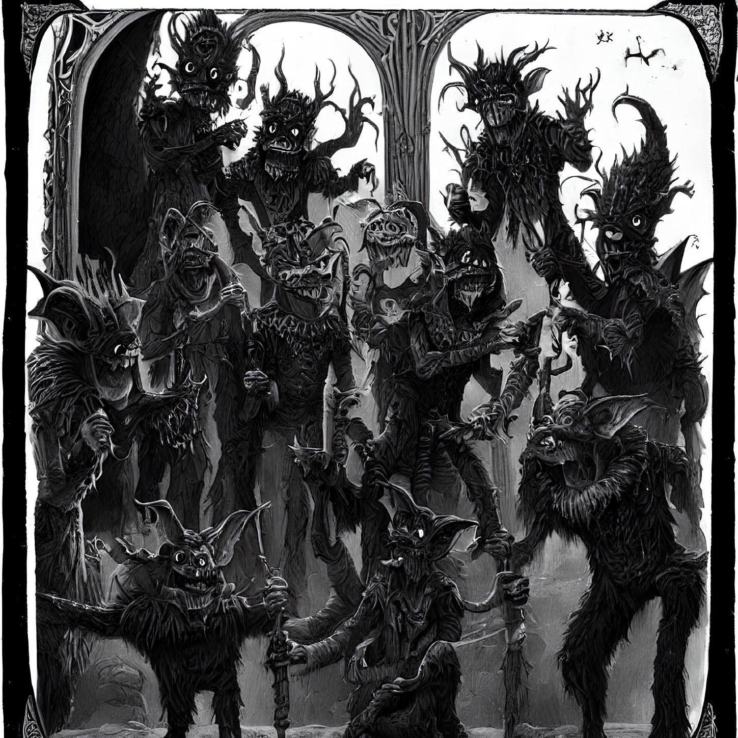 Monochrome illustration: Menacing creatures with horns and fangs emerging from doorway