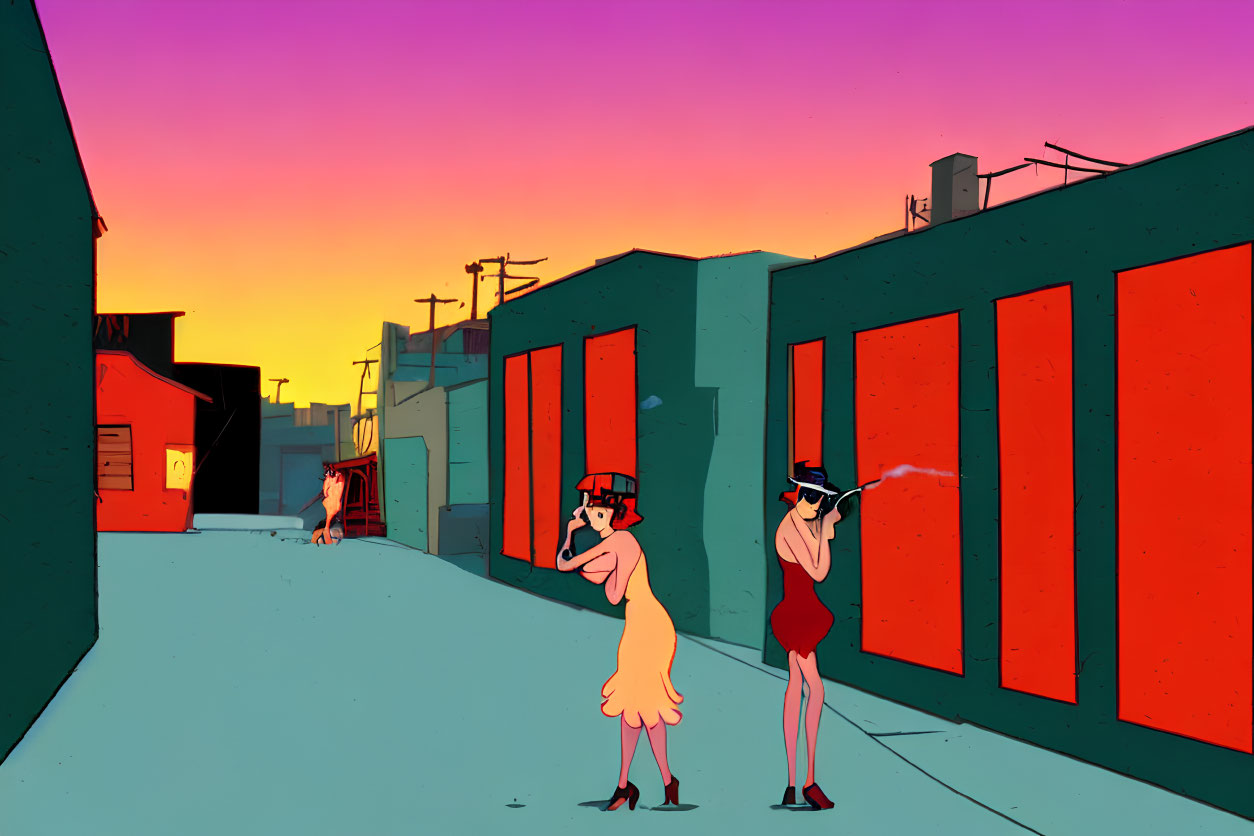 Cartoon women in flapper dresses capturing photos at sunset