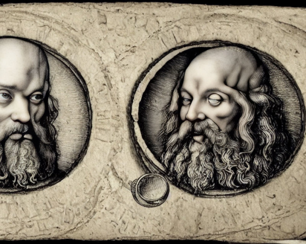 Vintage-style portraits of bearded man with exaggerated expressions in oval frames