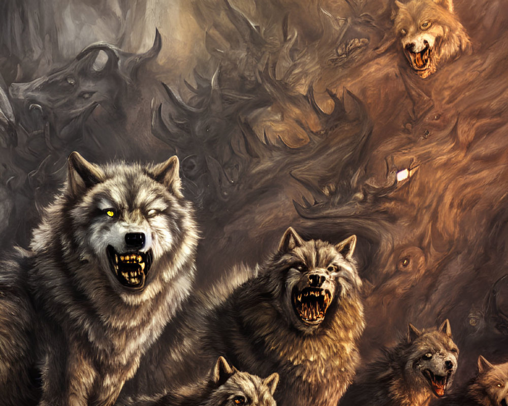 Pack of Glowing-Eyed Wolves Led by Alpha Wolf in Fiery Scene