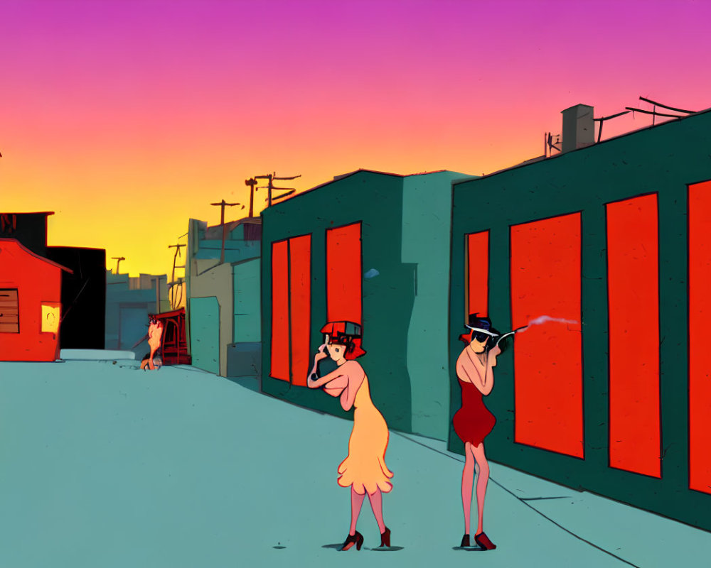 Cartoon women in flapper dresses capturing photos at sunset