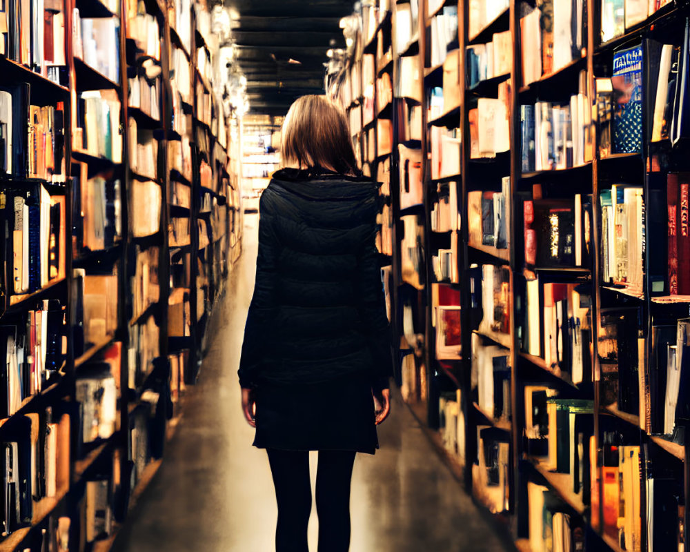 Long, narrow bookstore aisle with towering shelves of colorful books