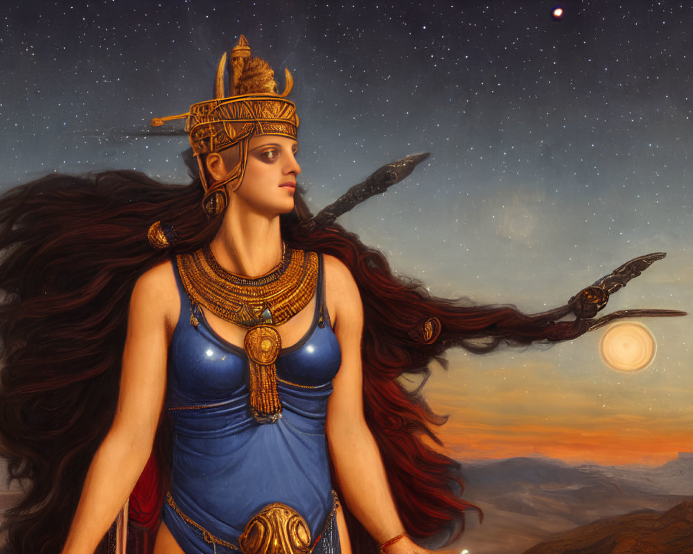 Warrior woman in ancient armor with spear under starry sky